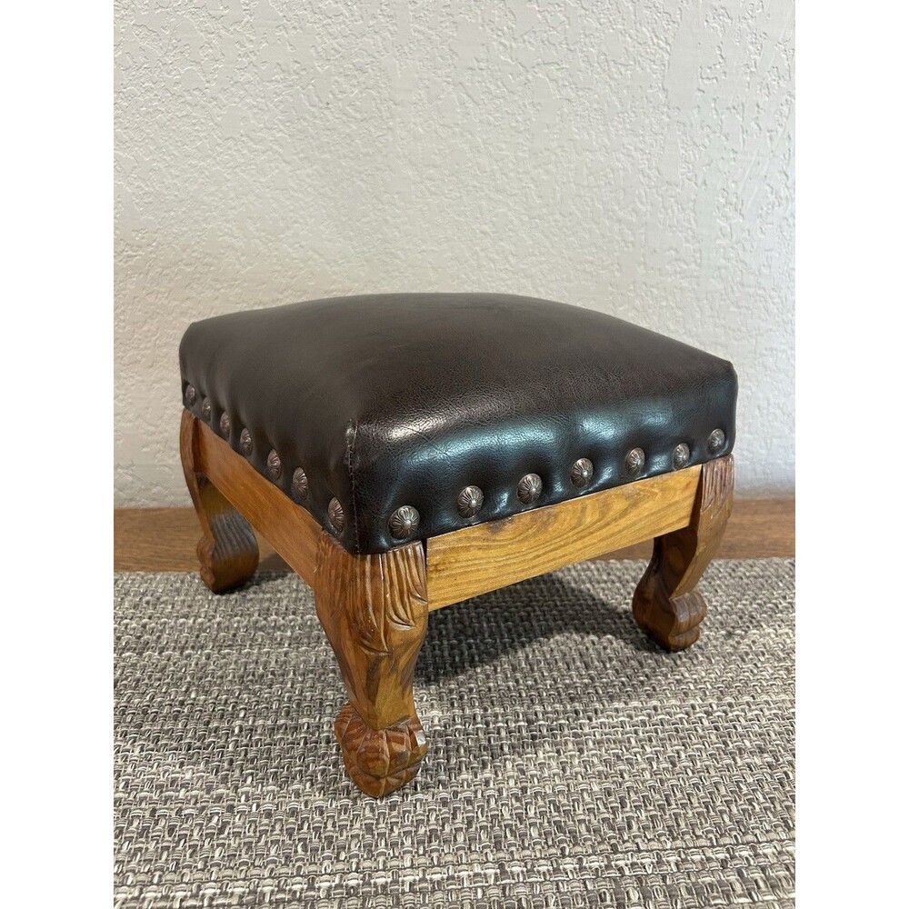 Vintage Footstool Brown Faux Leather Seat Upholstered Nailhead Trim Carved Legs